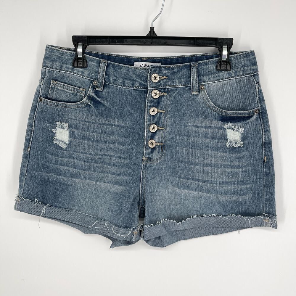 Hawalili NWT Distressed Stretch Denim Jean Shorts Size M Button Fly Blue Cuffed